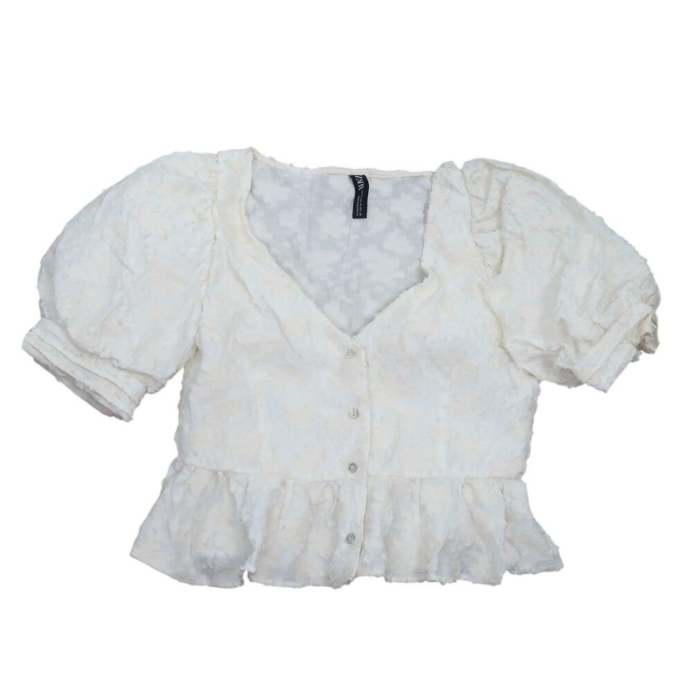ZARA cream floral textured peplum blouse top XS